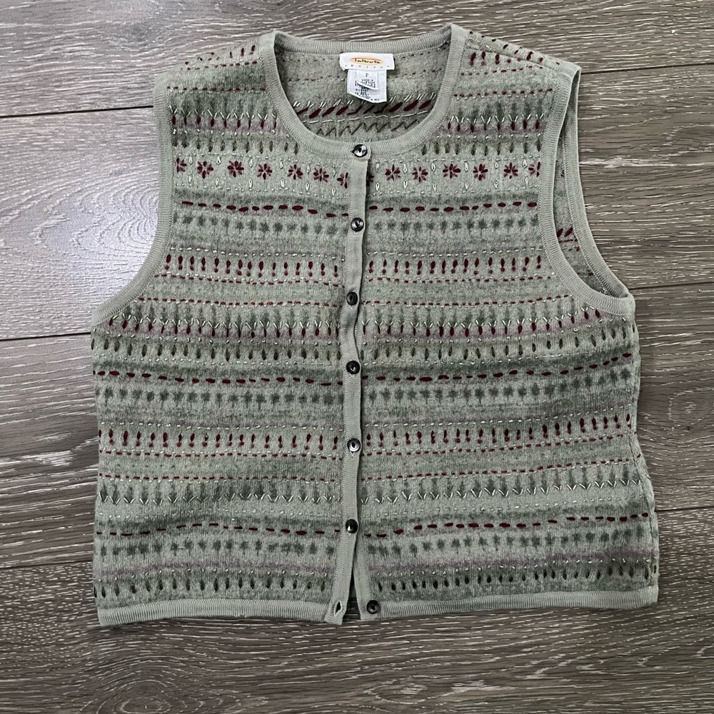 Talbots Wool Green Grey Patterned Sweater Vest